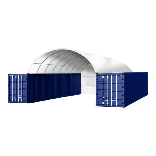 Robust arched shelter for 20×40 ft container with closed back wall