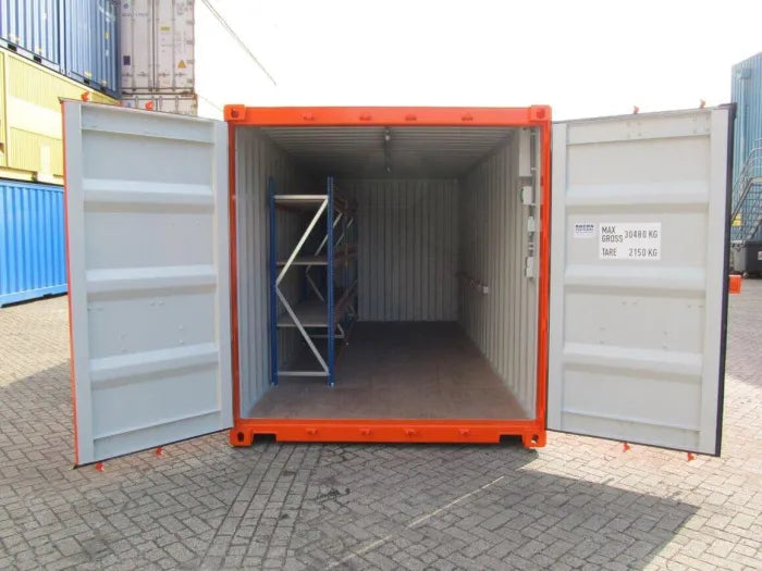 20ft storage container equipped (shelving and electrical installation)