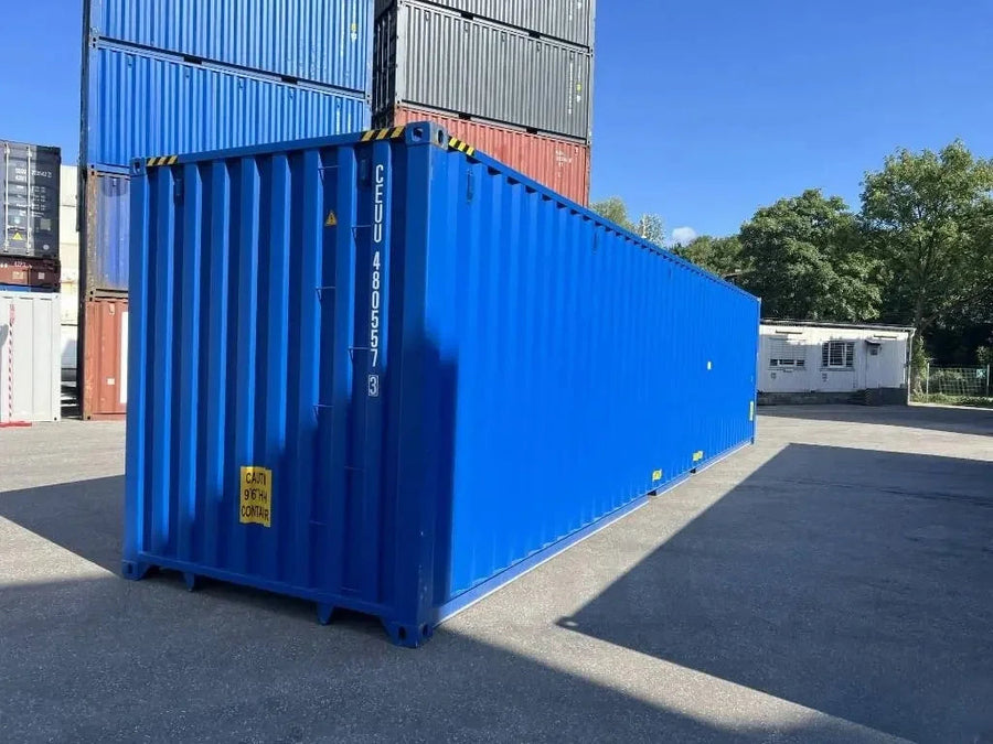 New 40-foot High Cube shipping container in gentian blue Corten steel